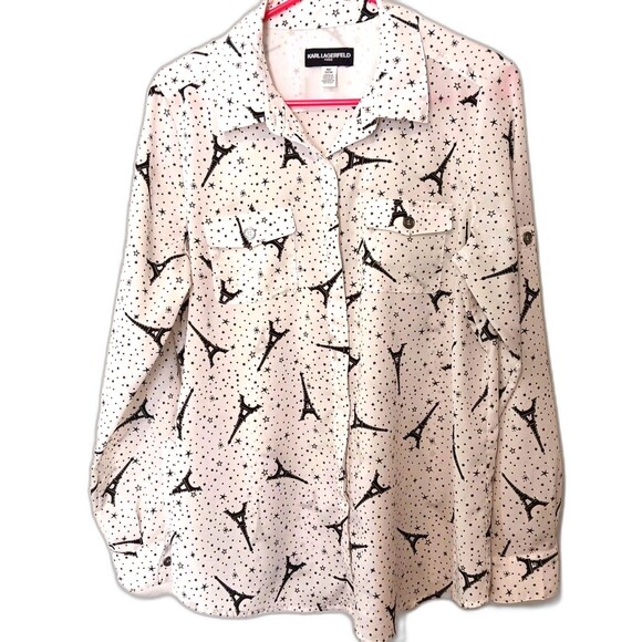 Karl Lagerfeld Paris Blouse Sz M Eiffel Tower Stars Print Button Front - Picture 2 of 15